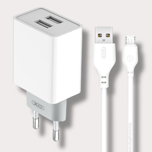 Зарядно за телефон XO 12W Power Adapter 2xUSB-A към кабел Micro USB