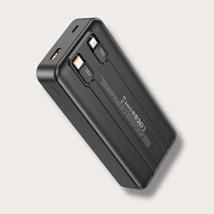 XO Power Bank 20000 mAh + вградени кабели: Type-C и Lightning + Digital display, черна