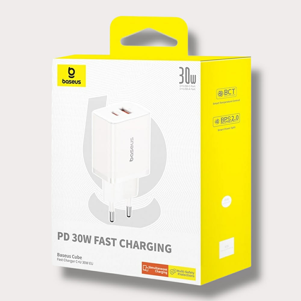 Адаптер BASEUS 220V 30W, USB-A +Type-C, Cube Pro - Бял
