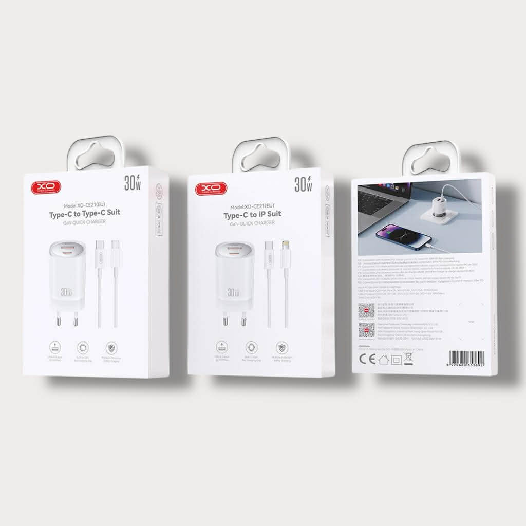 Зарядно за телефон XO 30W Power Adapter USB-A + Type-C към кабел Lightning