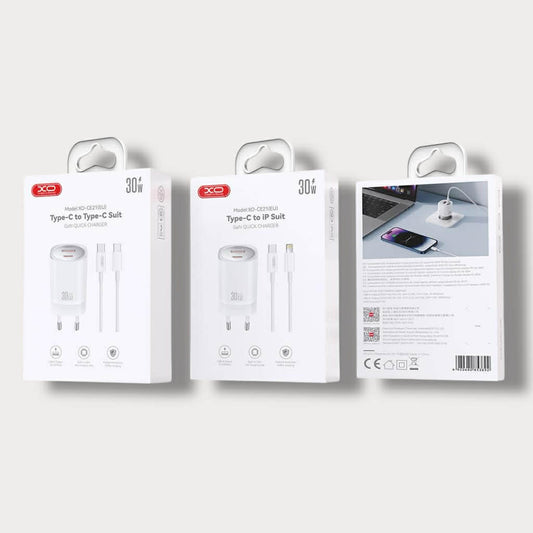 Зарядно за телефон XO 30W Power Adapter USB-A + Type-C към кабел Lightning