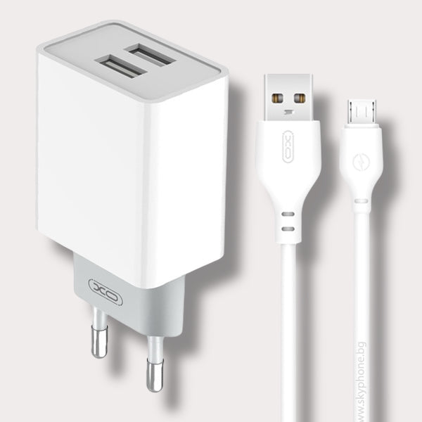 Зарядно за телефон XO 12W Power Adapter 2xUSB-A към кабел Micro USB