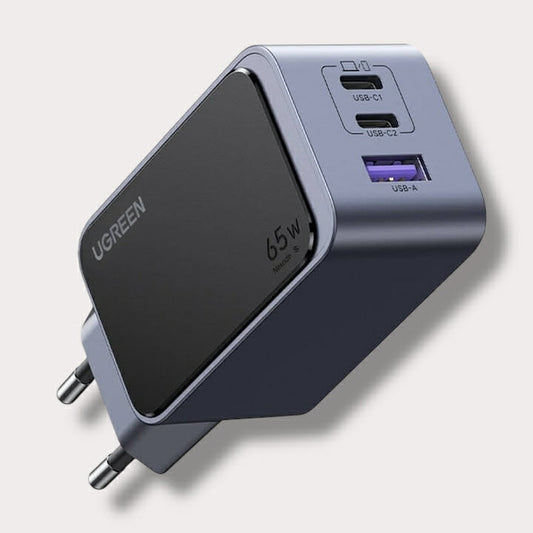 Адаптер UGREEN 220V 65W, USB-A + 2xUSB-C, GaN Nexode - Черен