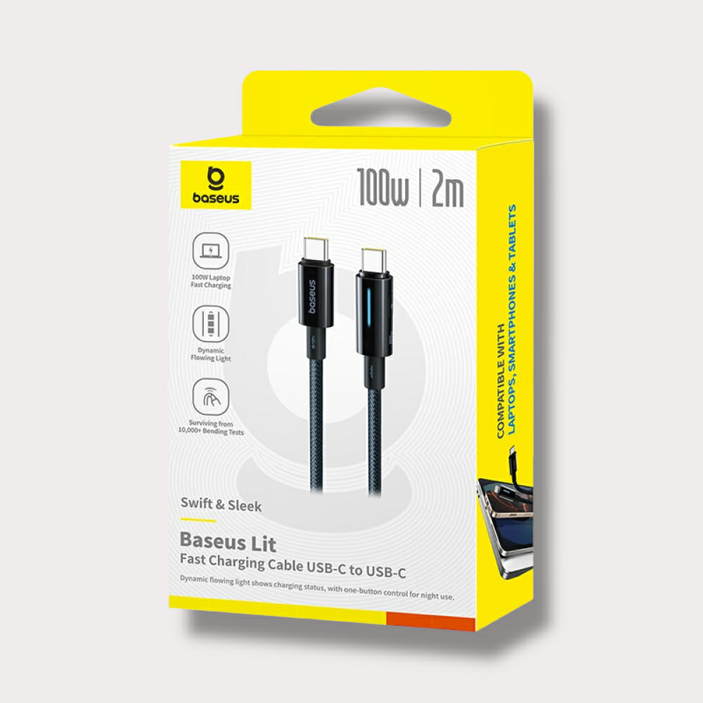 BASEUS Кабел Type-C - Type-C, 2м, 100W, Lit Button-Control