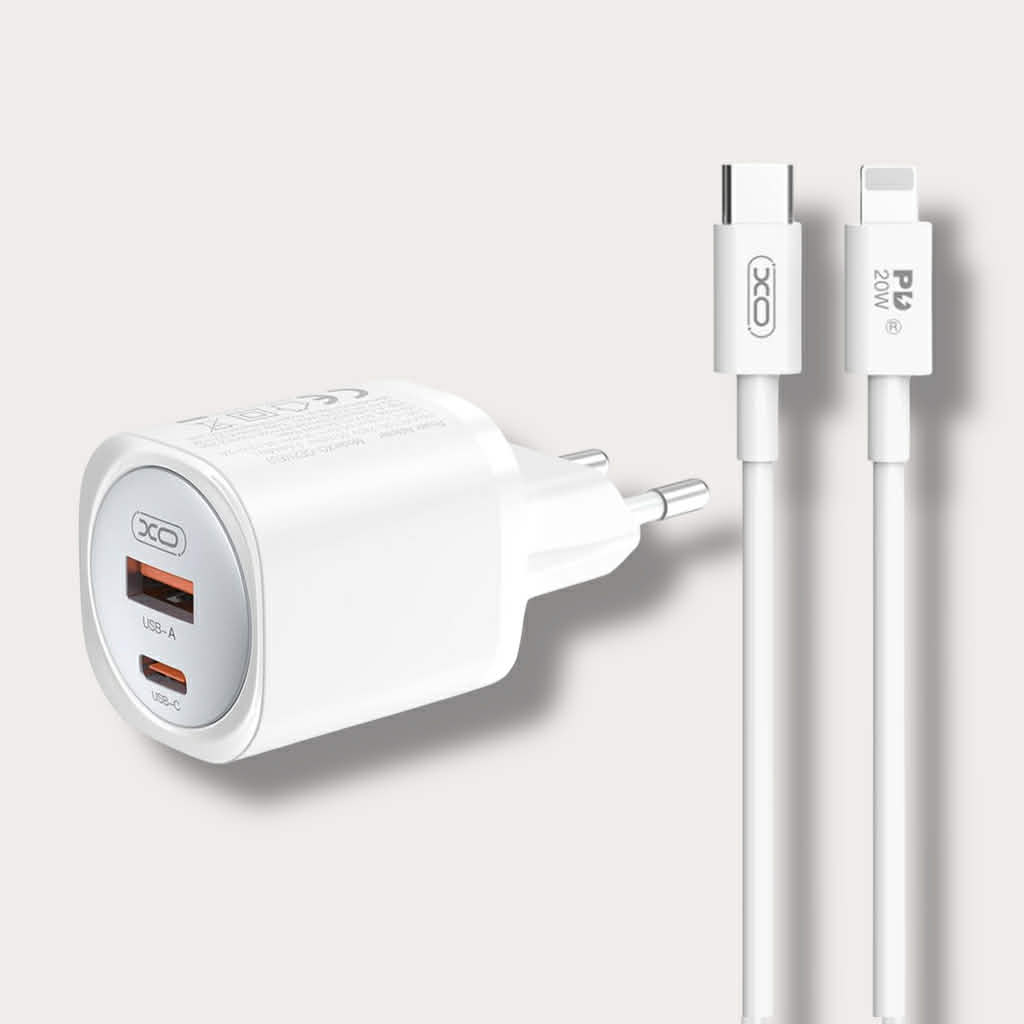 Зарядно за телефон XO 30W Power Adapter USB-A + Type-C към кабел Lightning