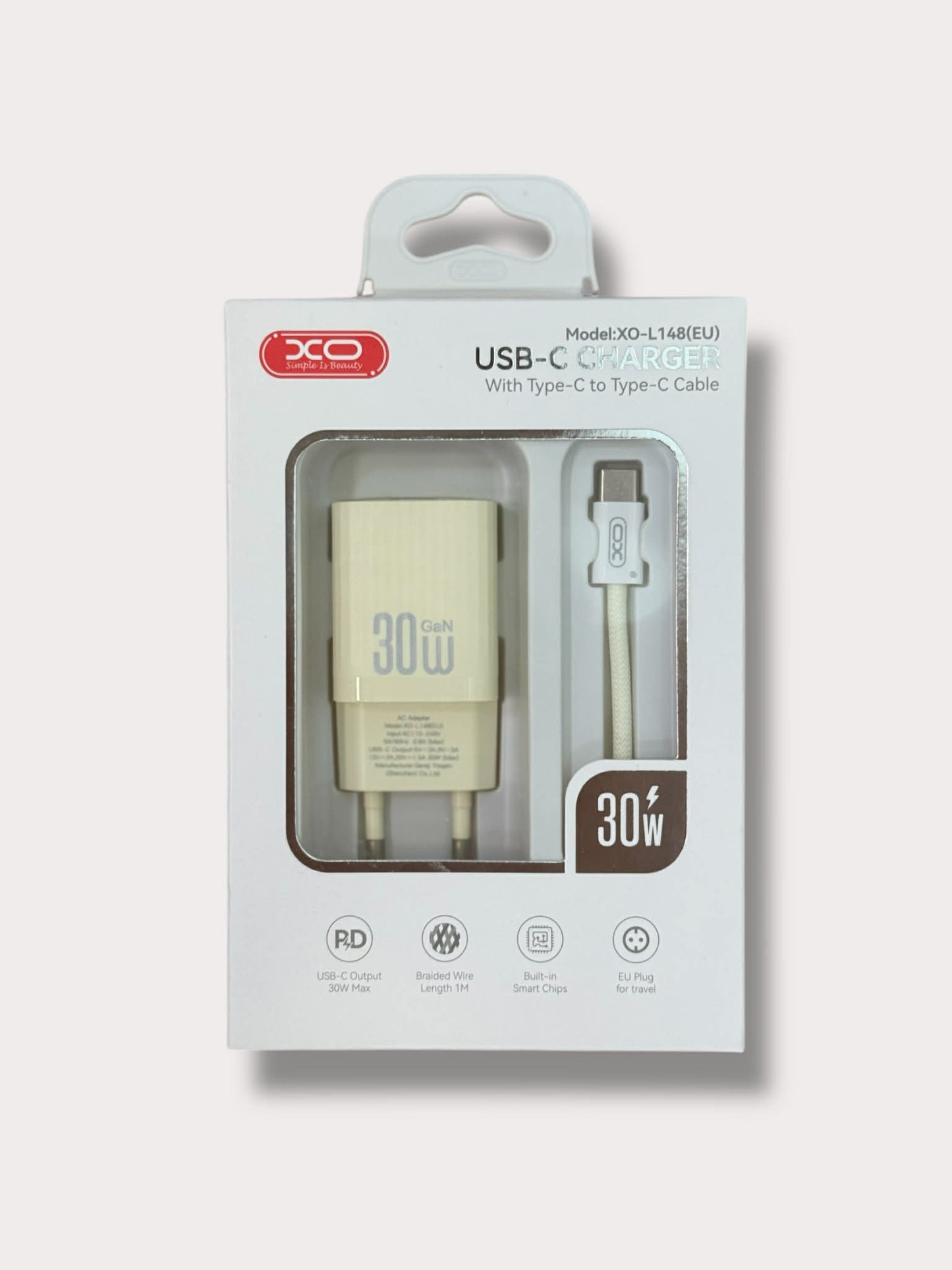 Зарядно за телефон XO 30W Power Adapter Type-C към кабел Type-C