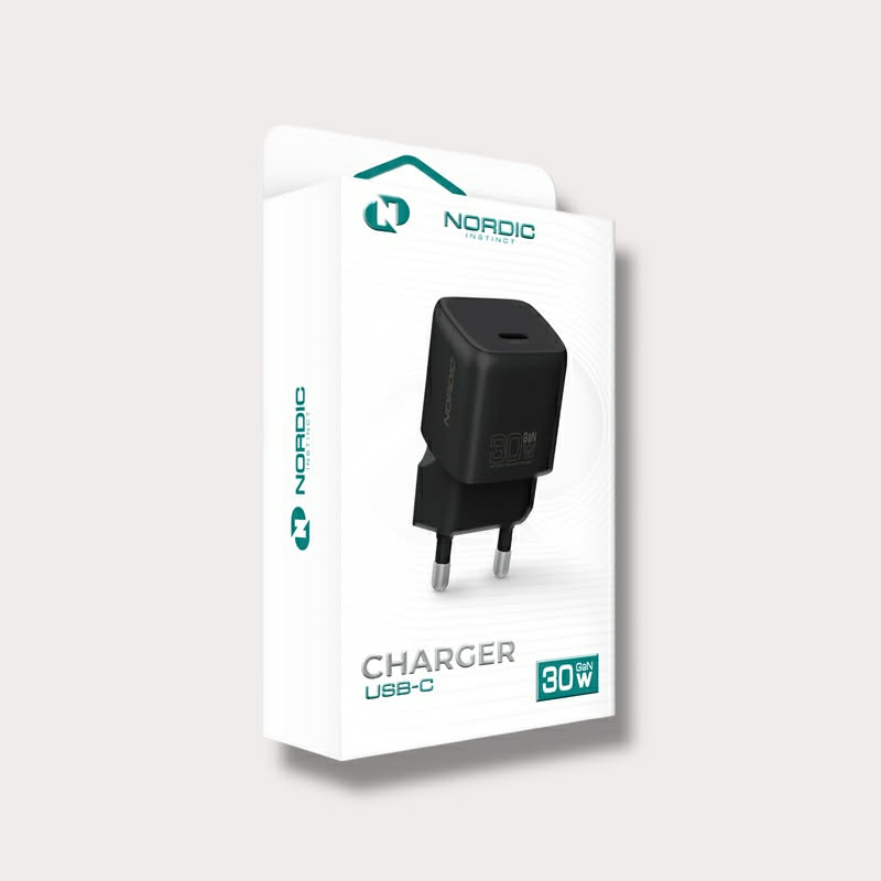 Адаптер NORDIC 220V 30W, USB-C GaN - Черен