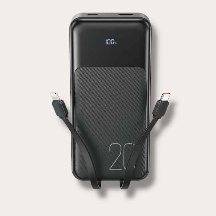XO Power Bank 20000 mAh + вградени кабели: Type-C и Lightning + Digital display, черна