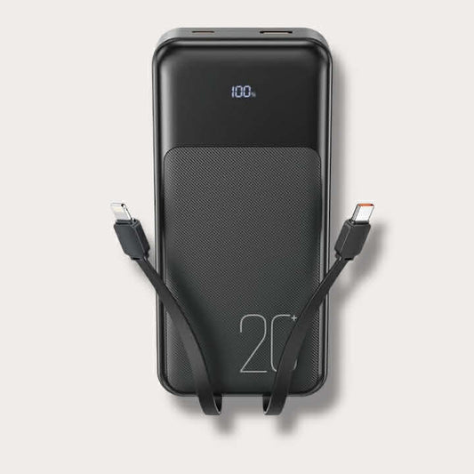 XO Power Bank 20000 mAh + вградени кабели: Type-C и Lightning + Digital display, черна