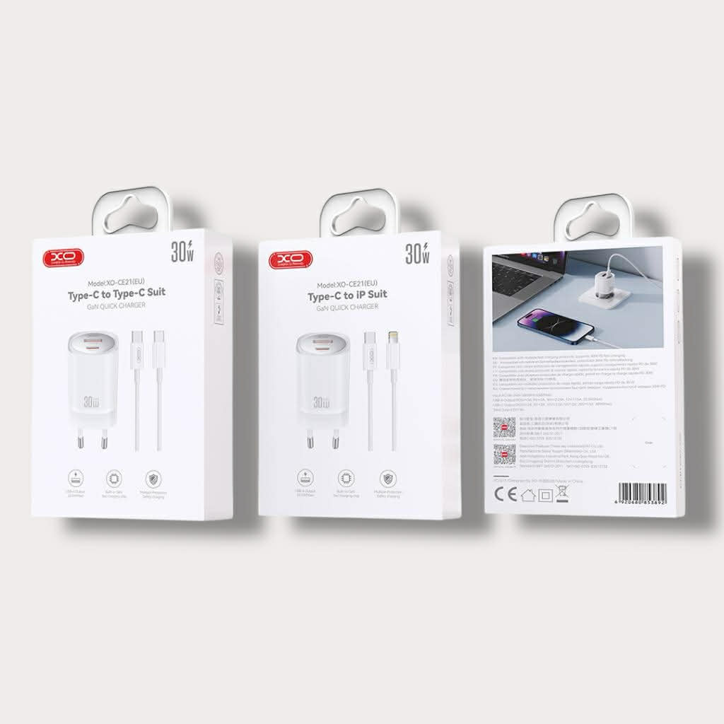 Зарядно за телефон XO 30W Power Adapter USB-A + Type-C към кабел Type-C