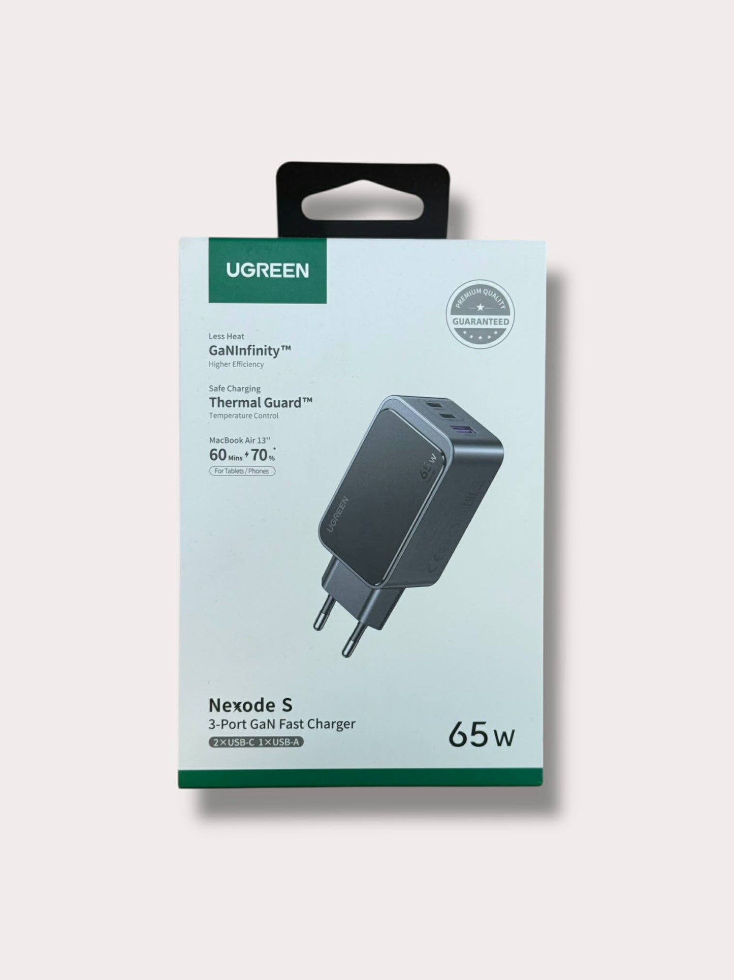 Адаптер UGREEN 220V 65W, USB-A + 2xUSB-C, GaN Nexode - Черен