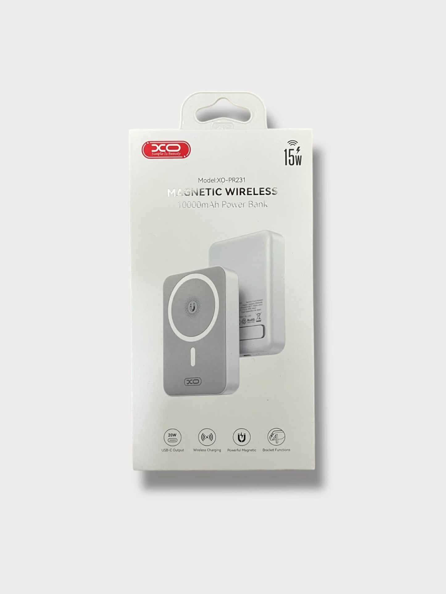 XO Power Bank 10000 mAh 20W, MagSafe + стойка /бял/